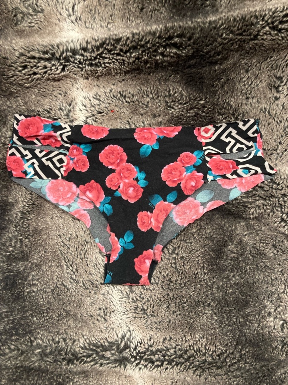 PINK Victoria's Secret Black Floral Hipster Panty with Pink Roses